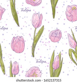 Seamless pattern with pink flowers tulips and watercolor splashes. Continuous pattern with floral romantic elements. Endless texture for the spring design season. For various design, print.