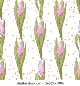 Seamless pattern with pink flowers tulips and watercolor splashes. Continuous pattern with floral romantic elements. 