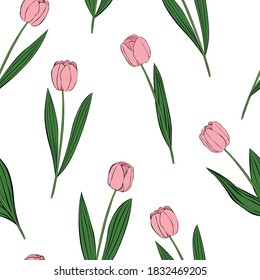 Seamless pattern pink flowers tulips vector illustration