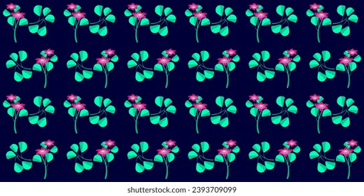 seamless pattern, pink flowers with turquoise leaves on a blue background