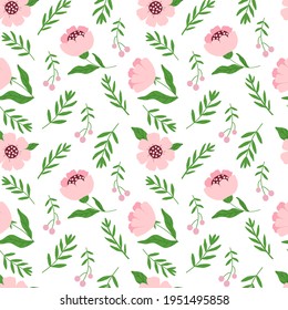 Seamless pattern with pink flowers and twigs on a white background. Simple plants, children's drawing for design and textiles.