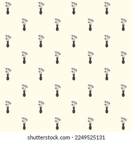 Seamless pattern pink flowers in a vase line doodle hand drawing abstract isolated on yellow background