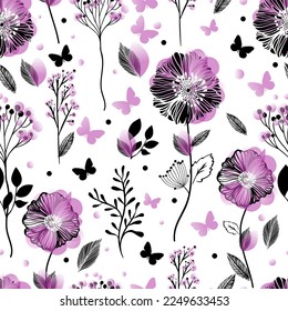 Seamless pattern pink flowers. Vector illustration