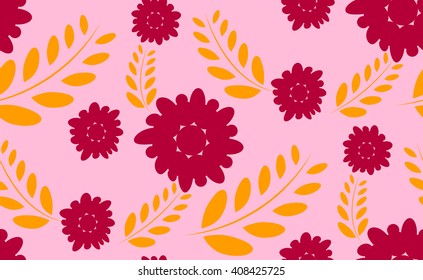 Seamless pattern with pink flowers and yellow spikelets