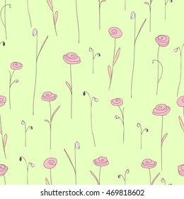Seamless pattern with pink flowers. Yellow green background with stylized doodle roses. Elegant template for fashion prints.Vector illustration.Cute vintage floral backdrop for summer or spring design