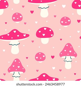 Seamless pattern with pink fly agarics in hearts. Vector graphics.