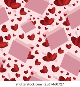 seamless pattern with pink folders from which hearts peek out and red hearts placed chaotically on a pink background, pattern for St. Valentine's Day