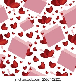 seamless pattern with pink folders from which hearts peek out and red hearts placed chaotically, pattern for St. Valentine's Day