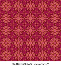 Seamless pattern with pink foliage elements overlaid with golden lines. Suitable for graphic design, interior decoration, textile, fashion, print, wrapping, etc.