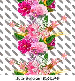 Seamless pattern with pink garden flowers on  geometric background. Flower background for textile, cover, wallpaper, gift packaging, printing.Romantic design for calico, silk.