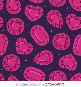 Seamless pattern with pink gemstones of various shapes. Vector graphics.