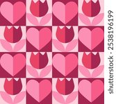 Seamless pattern with pink geometric flowers and hearts. Template for Valentine holiday design. Vector illustration