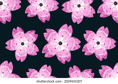 Seamless pattern. Pink geometric flowers with texture on a black background.