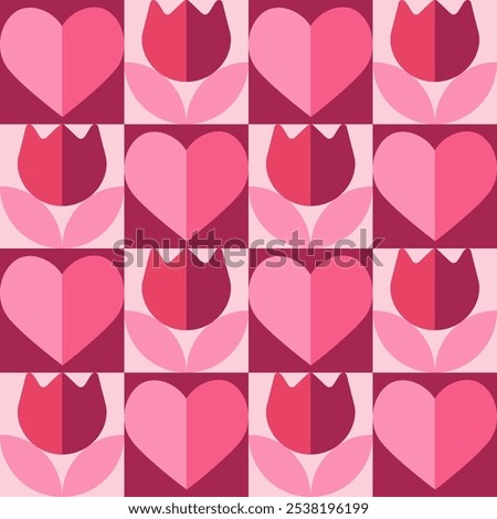 Seamless pattern with pink geometric flowers and hearts. Template for Valentine holiday design. Vector illustration