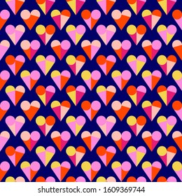 Seamless pattern with pink geometric hearts made of circles and triangles on a dark-blue background
