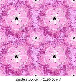 Nahtloses Muster. rosafarbene, geometrische Blumen mit einer Splash-Struktur auf rosafarbenem Hintergrund.