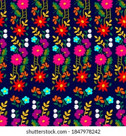 Seamless pattern pink geranium folk style,hand-drawn,red chrysanthemums,ladder,white bells,bluish wildflowers on a dark background,for cover,for fabric,for wrapping paper,for printing