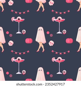 Seamless pattern pink ghost girl glamour, pumpkin, cocktail, Halloween party