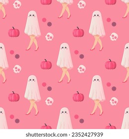 Seamless pattern pink ghost girl glamour, pumpkin, cocktail, Halloween party