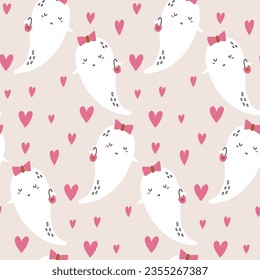 Seamless pattern pink ghost with heart in hand drawn style. Halloween background