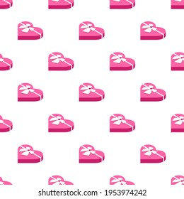 Seamless pattern of pink gift box with ribbon. Gift for party, celebration, special event like birthday, christmas, valentines day. Modern vector illustration in isometric style. Isolated on white