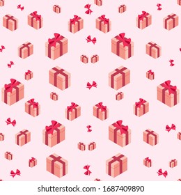 Seamless pattern of pink gift boxes with bow for printing for birthday, Christmas, mother's day, Valentine's day