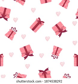 Seamless pattern with pink gift boxes with bows and ribbons. Happy Valentines day. Cute romantic background. Vector Illustration in flat cartoon style.