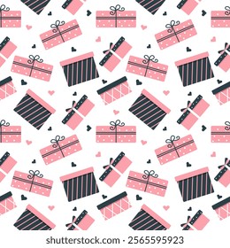 Seamless pattern with pink gift boxes and hearts on white background. Concept of tenderness and love, mother's day and valentine's day. Vector Illustration.