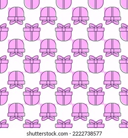 Seamless pattern of pink giftbox on white background for websites, textile, fabric. Pastel simple illustration. Christmas, winter and New Year concept. 