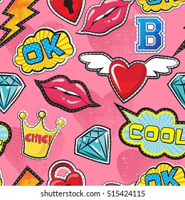 Seamless pattern with pink girl icons in pop art style, with Pop art comic speech bubbles, lips, diamond, crown, hearts, for textile. fashion Modern grunge background for girls . 