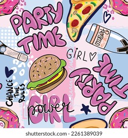  Seamless pattern with pink girl stickers  for textile. fashion Modern grunge background textile, prints, paper products, the Web. Girls pattern