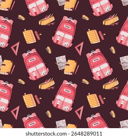Padrão sem costura com mochila rosa meninas, notebook e lápis caso. Fundo para têxteis infantis, papel de parede, papel de embalagem e embalagem de papelaria. Perfeito para campanha de volta à escola
