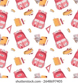 Seamless Pattern with Pink Girls Backpack, Notebook and Pencil Case. Background for Children's Textiles, Wallpaper, wrapping paper and Stationery Packaging. Perfect for Back to School Campaign
