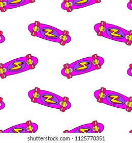 Seamless pattern with pink girly skateboards or longboards isolated on white background. 