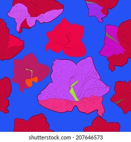 Seamless pattern of pink gladioli on a blue background.