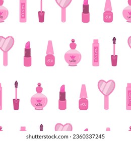 Seamless pattern with pink glamorous beauty accessories. Repeating elements perfume lipstick mirror mascara nail polish.