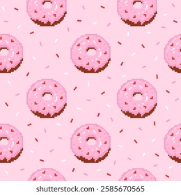 Seamless pattern with pink glazed donut and sprinkles on a pastel pink background. Hand drawn vector illustration in pixel style for wrapping paper, textile, fabric.