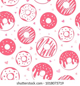 Seamless pattern of pink glazed donuts and little hearts on white