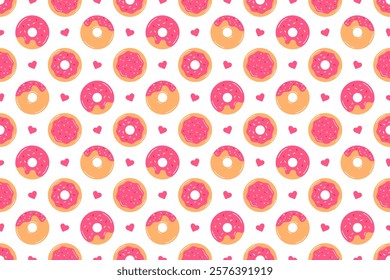 Seamless pattern of pink glazed donuts and little hearts. Tasty donuts vector background, wallpaper, print, cover, textile. Cute buns background for bakery menu, cafe. Valentines pattern