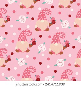 seamless pattern with pink gnome hearts and flowers vector illustration for invitation greeting birthday party celebration wedding card poster banner textiles wallpaper paper wrap background