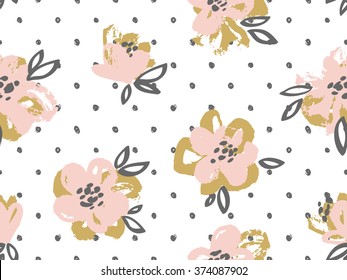 Seamless pattern with pink and gold flowers on the polka dot background.Vector  Floral background.