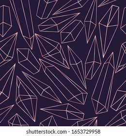 Seamless Pattern With Pink Gold Gems Stone In Outline Style. Vector Background With Line Art Crystals Gems On Dark Blue.