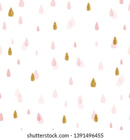 Seamless pattern with pink and gold glitter water drops. Cute rain kids print. Vector hand drawn illustration.