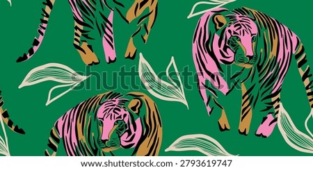 Seamless Pattern with Pink and Gold Tigers on Green Background