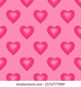 Seamless pattern of pink gradient hearts on a soft pink background. Ideal for romantic themes such as Valentine's Day, invitation cards, backgrounds, packaging, or fabric patterns.