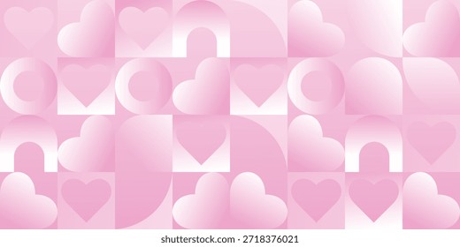 Patrón sin fisuras con corazones degradados de color rosa en estilo suizo. Fondo monocromático geométrico con Formas abstractas para el día de San Valentín, impresión de la boda. Ilustración vectorial