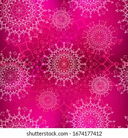 Patrón sin problemas. Mandalas de gradiente rosa sobre fondo de malla de gradiente rojo-rosa.
