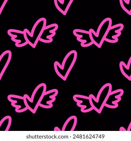 Seamless pattern of pink graffiti heart with wings. Black background. Perfect for street urban designs, Valentine's Day, trendy fashion projects. Vibrant, Y2K, modern, edgy. Grunge and spray texture.