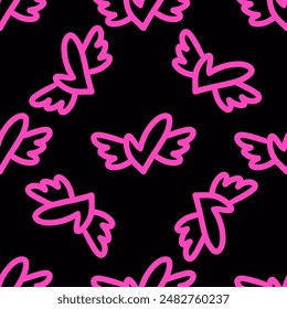 Seamless pattern of pink graffiti heart with wings. Black background. Perfect for street urban designs, Valentine's Day, trendy fashion projects. Vibrant, Y2K, modern, edgy. Grunge and spray texture.