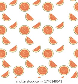 Seamless pattern with pink grapefruit slices, halves, and parts on a white background.